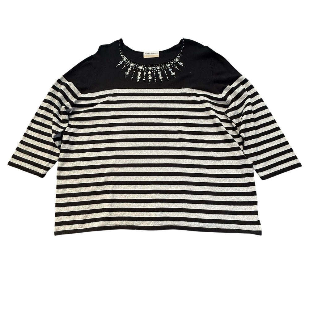 Alfred Dunner Woman Black Silver Metallic Striped Rhinestone Embellished Top